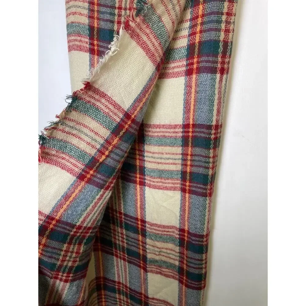 Womens Red Plaid Neck Scarf Cream Fringe Countryside‎ Prep Square Wrap